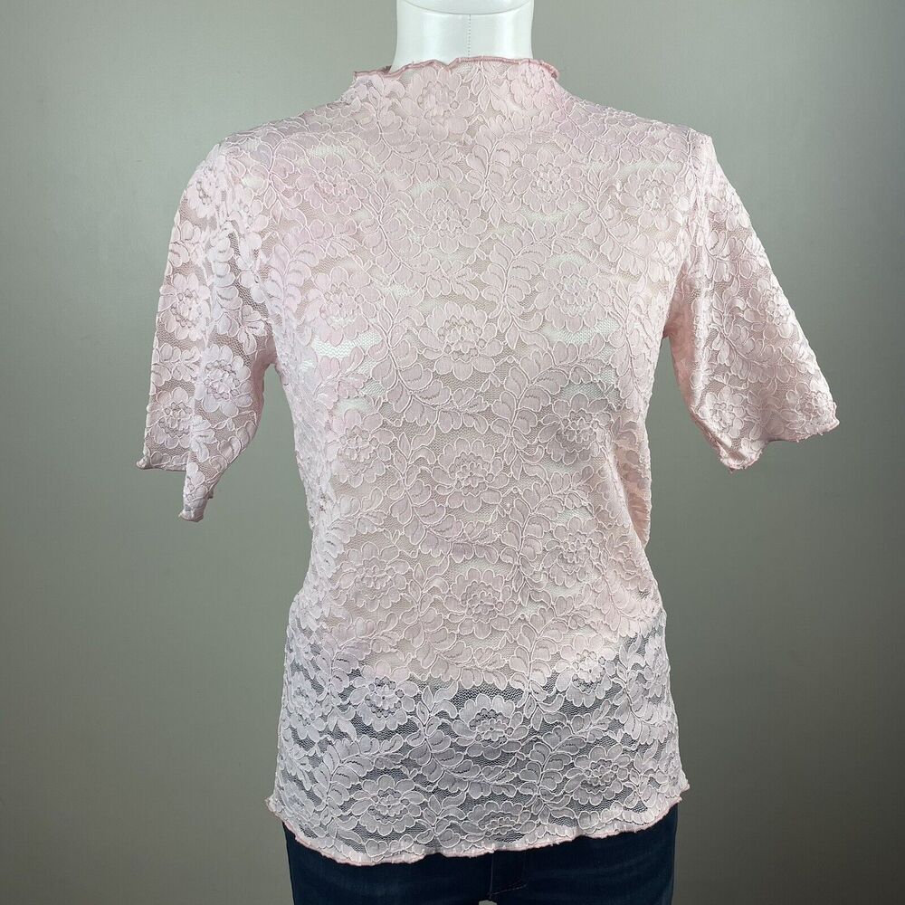 Le Shop Women’s Small Pink Lace Sheer 3/4 Sleeve Pullover Blouse